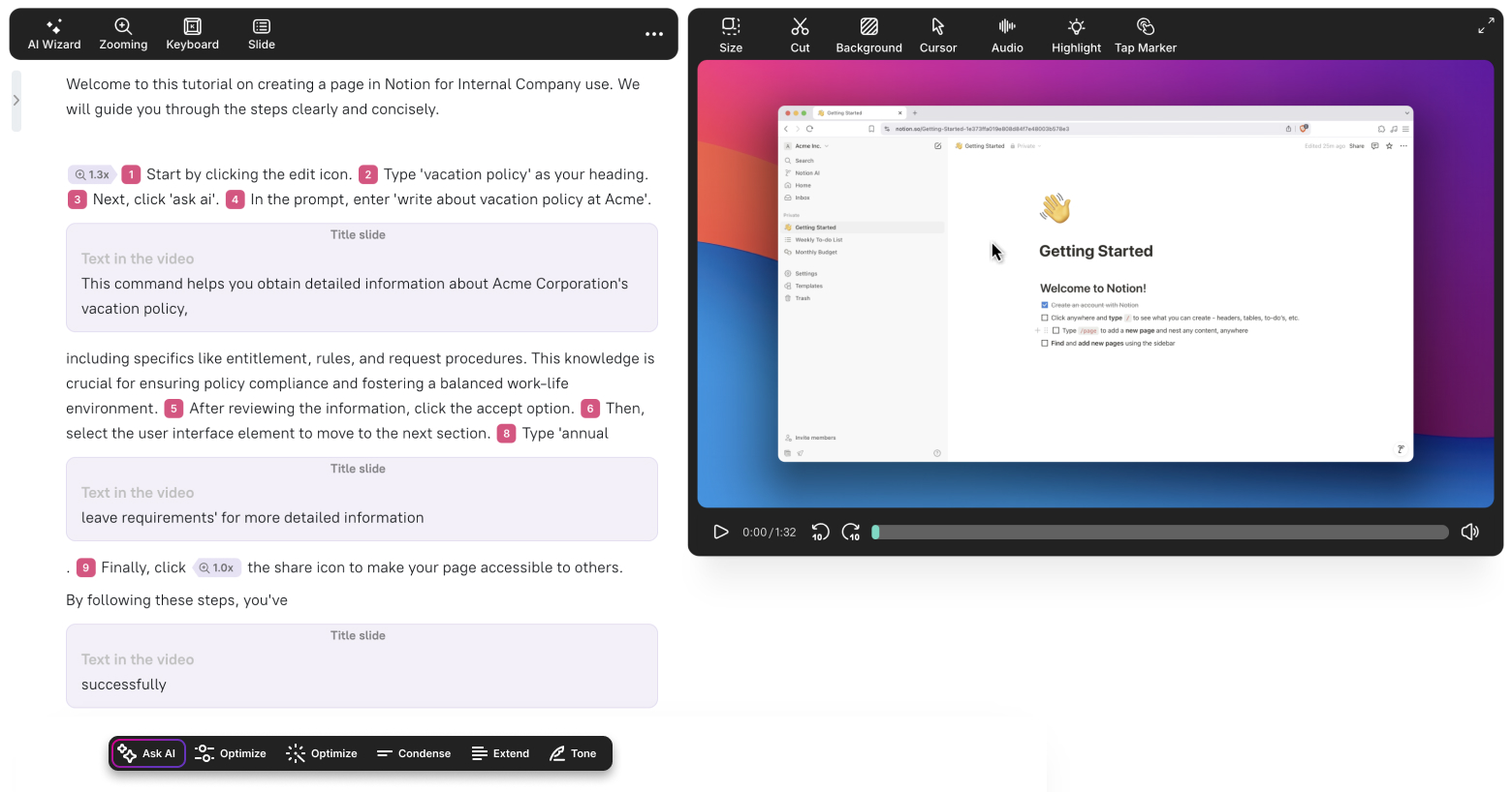 Ask AI toolbar in editor