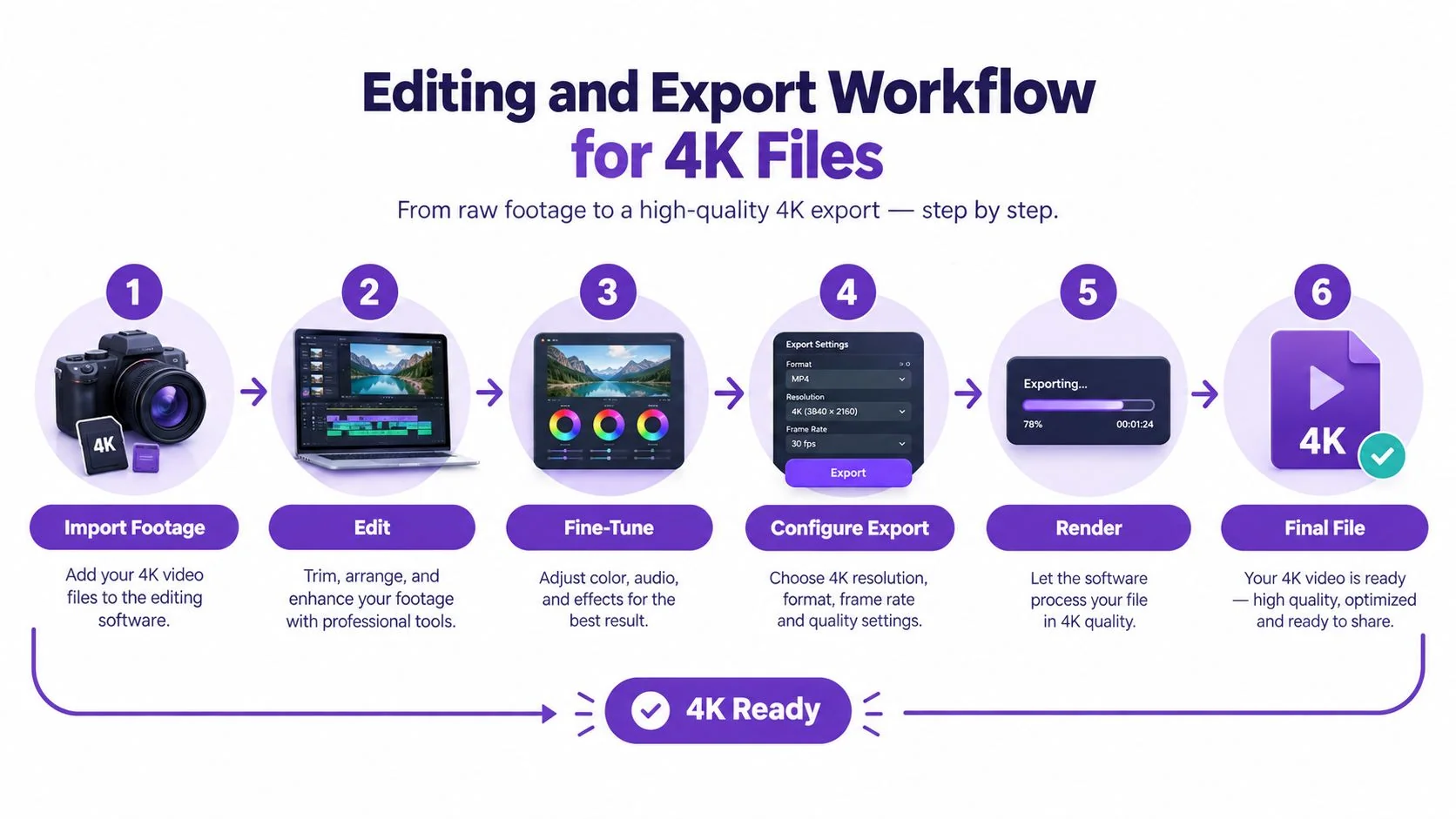 A six-step infographic illustrating the professional workflow for editing and exporting high-quality 4K video footage.