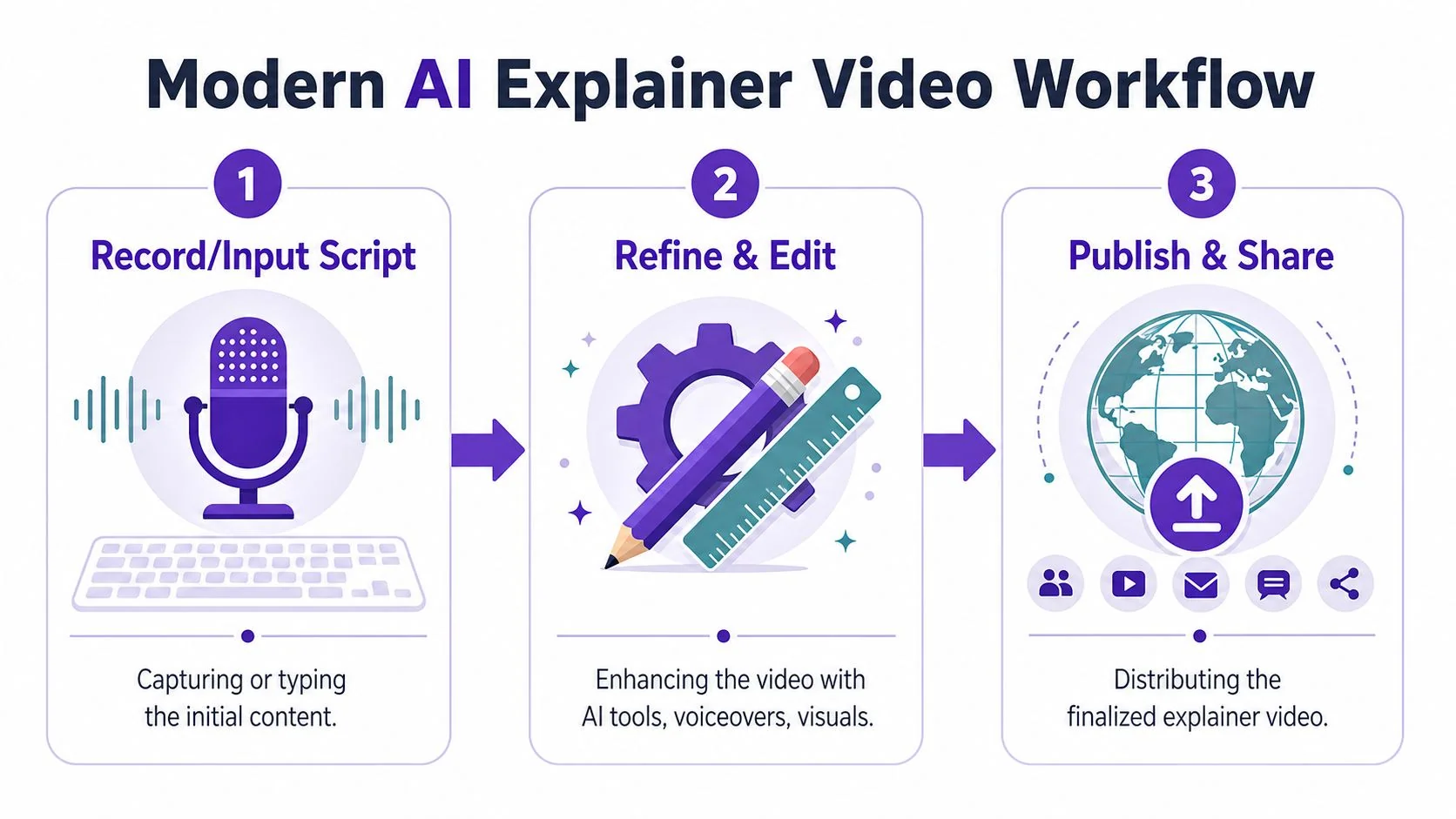 A three-step infographic titled Modern AI Explainer Video Workflow illustrating the process of content creation.