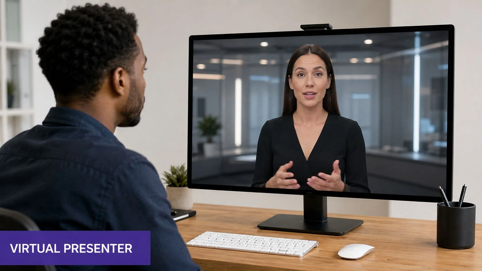 A man sits at a desk while watching a professional AI spokesperson on his computer screen.