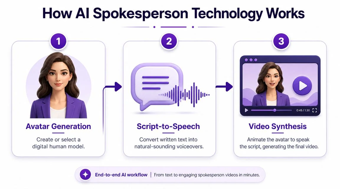 A three-step infographic illustrating the AI spokesperson video creation process from avatar generation to final synthesis.