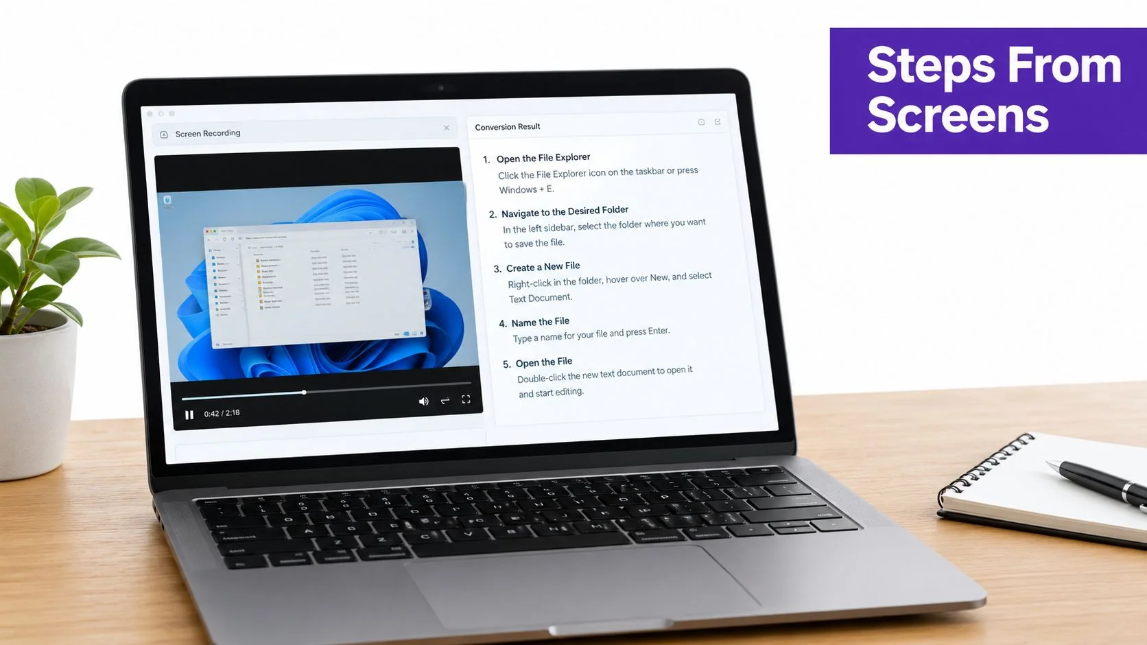 A laptop screen displaying an AI-generated training video about creating a new file in Windows.