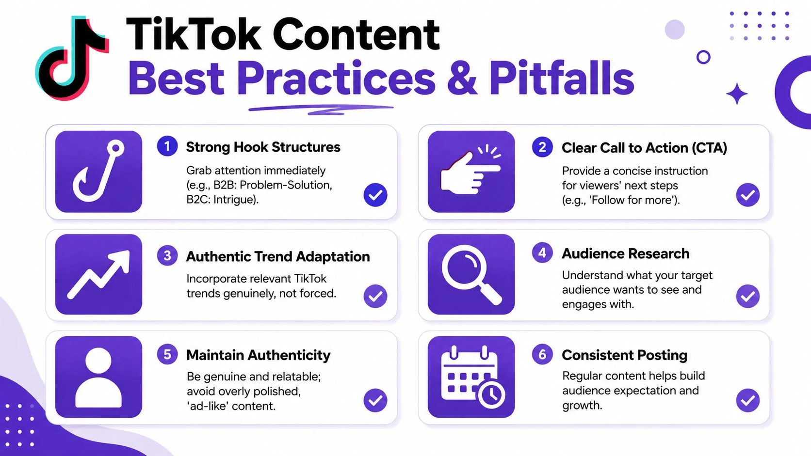 An infographic titled TikTok Content Best Practices and Pitfalls listing six essential strategies for successful short-form video creation.