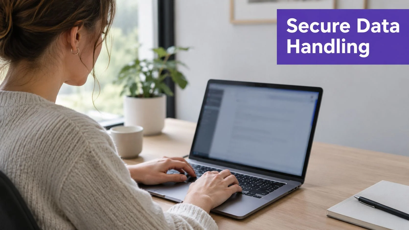 A professional woman working on her laptop with the text Secure Data Handling overlayed above her.