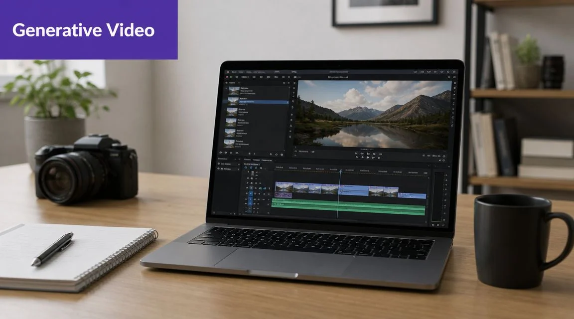 A sleek modern laptop displaying a video editing project on a wooden desk with a camera.