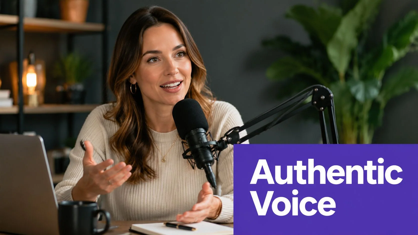 A professional woman speaking into a podcast microphone in a modern home office studio setting.