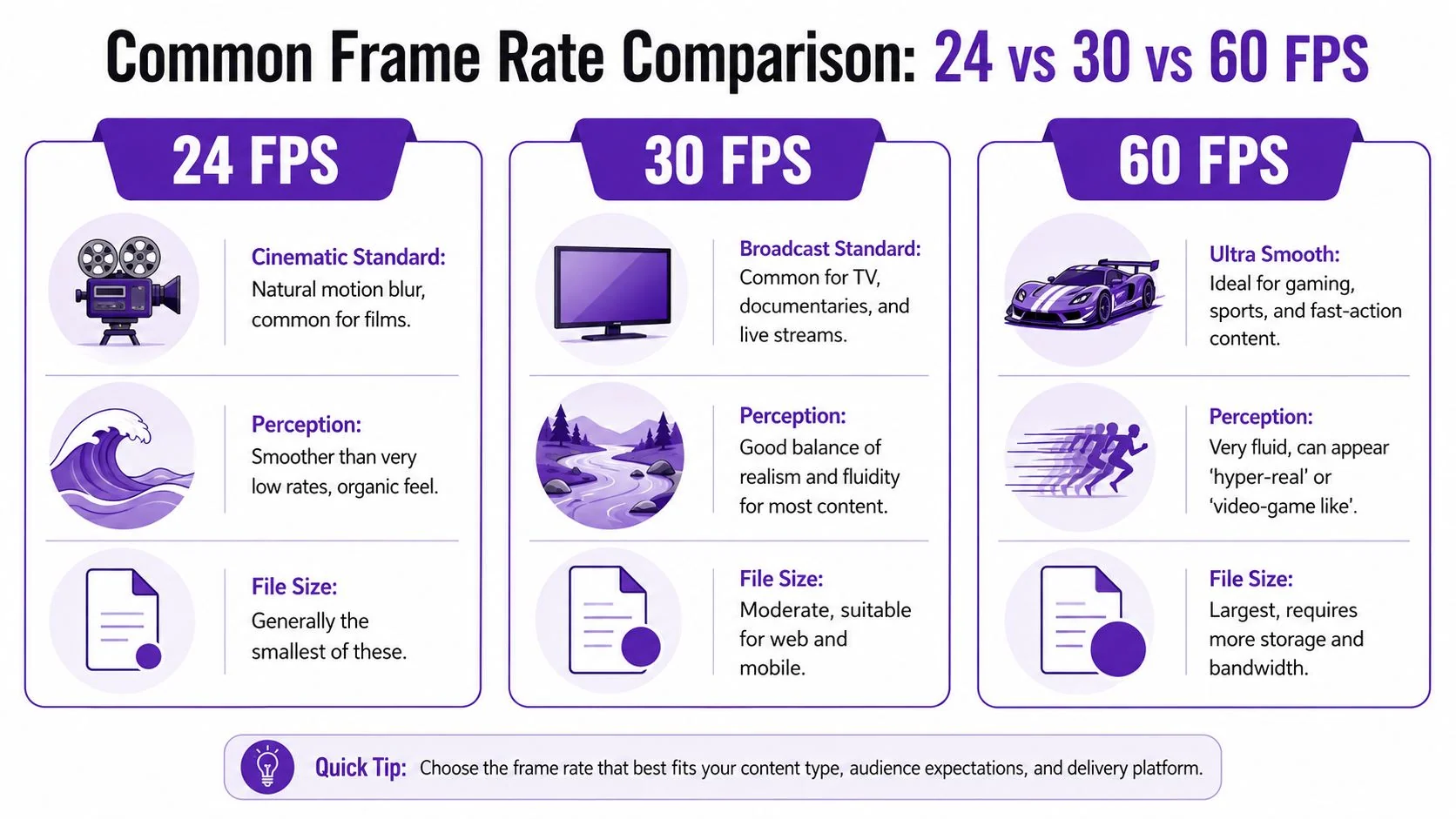 An infographic comparing 24, 30, and 60 frames per second rates with icons for film, TV, and gaming.