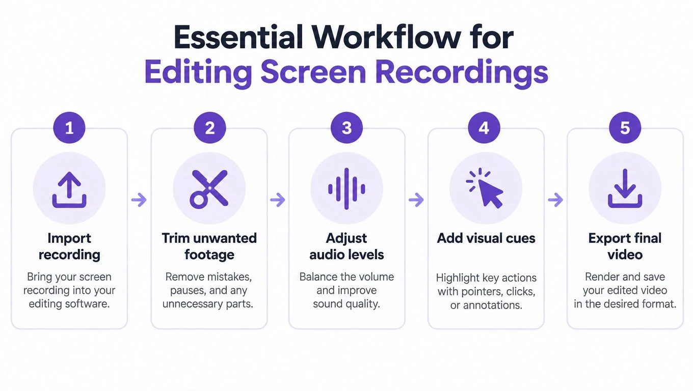 A five-step infographic showing the essential workflow for editing screen recordings from import to final export.