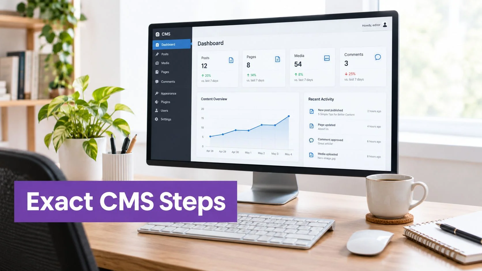 A modern office desktop showing a computer screen with a Content Management System dashboard interface.