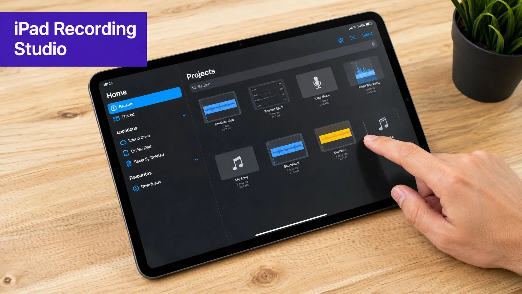 A hand touching a project file on an iPad screen showing an audio recording interface app.