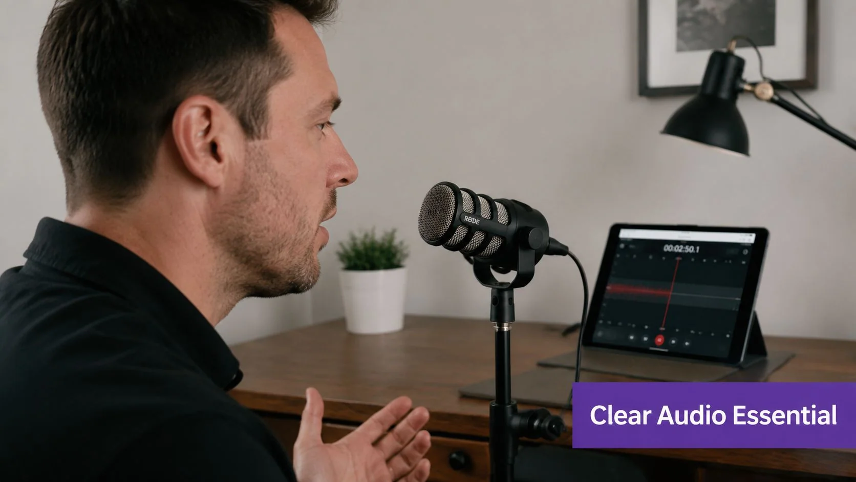 A man speaking into a Rode microphone connected to an iPad recording audio in a workspace.