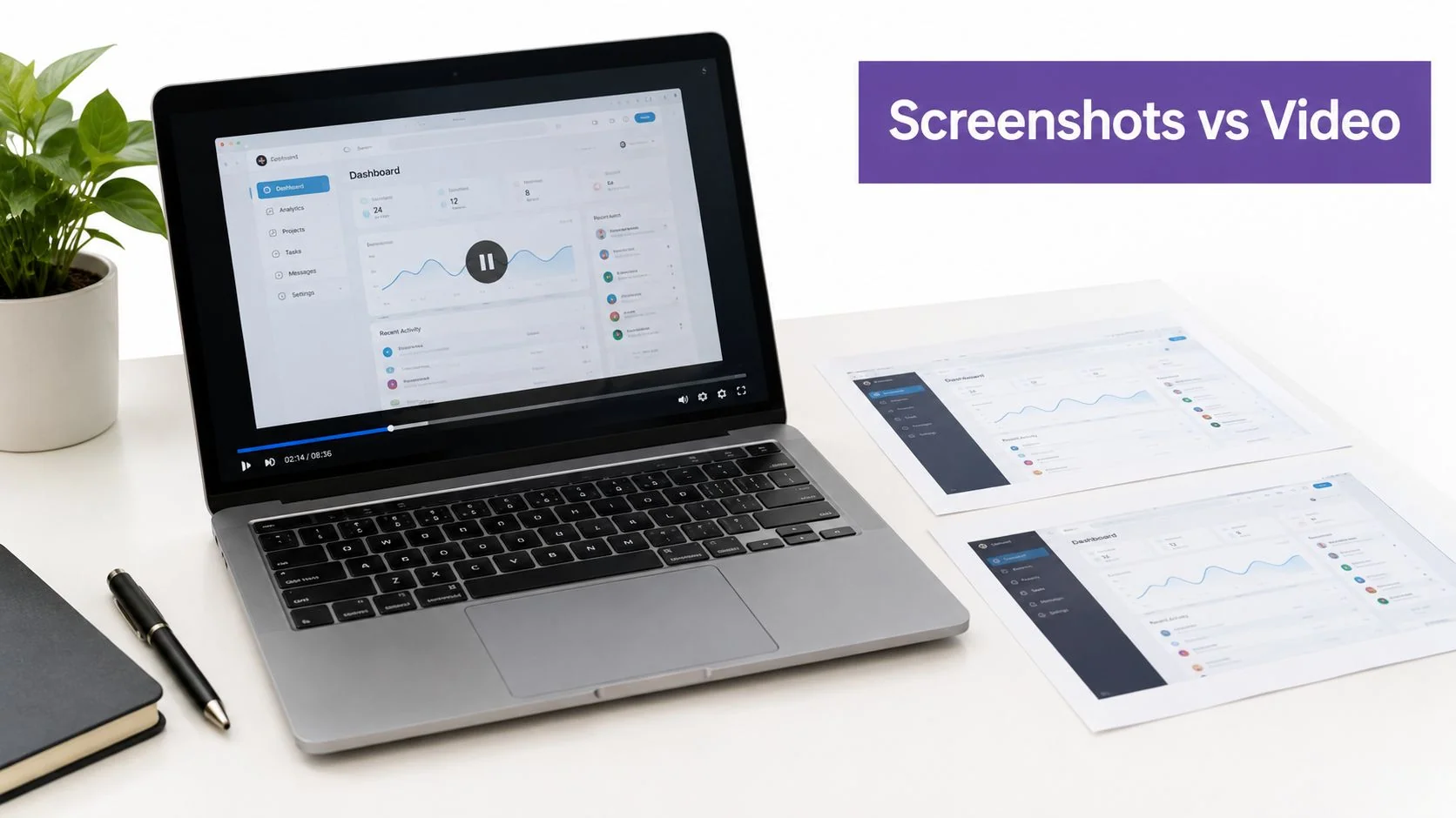 A laptop displaying a dashboard video interface alongside printed paper screenshots on a clean white desk.