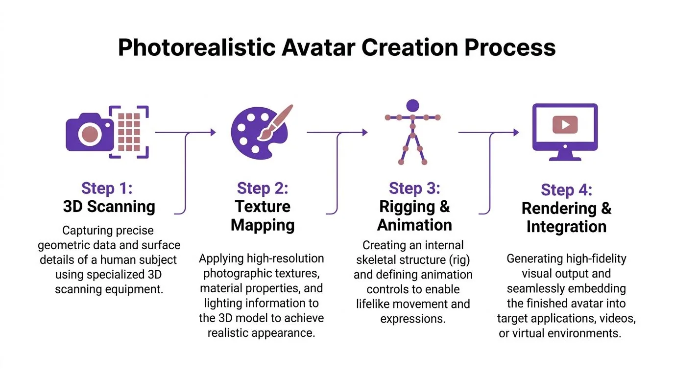 A diagram illustrating the four steps of the photorealistic avatar creation process from scanning to final rendering.
