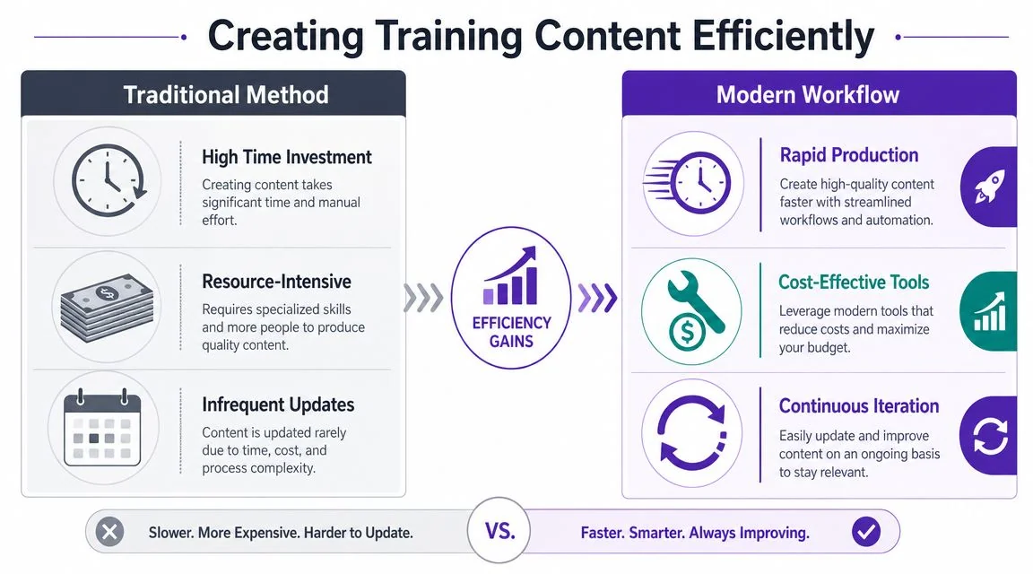 A comparison chart showing the transition from traditional, slow training content creation to efficient modern workflows.