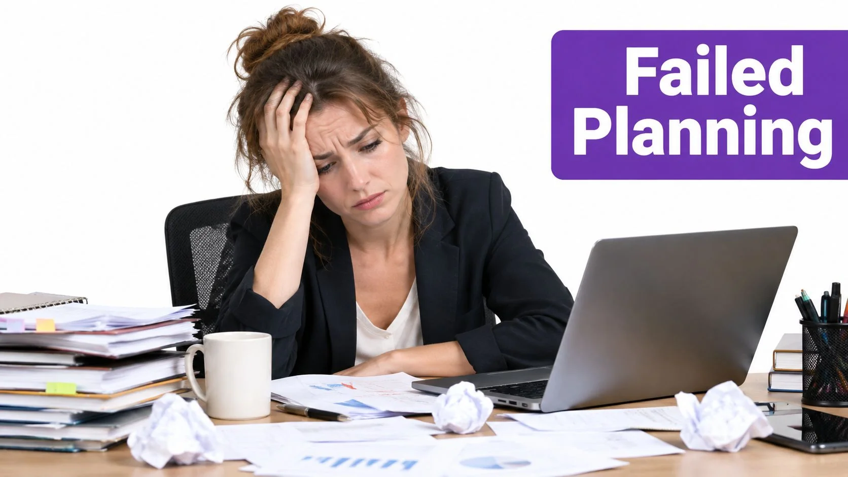 A stressed woman sitting at her desk with a messy stack of papers, feeling overwhelmed with work.