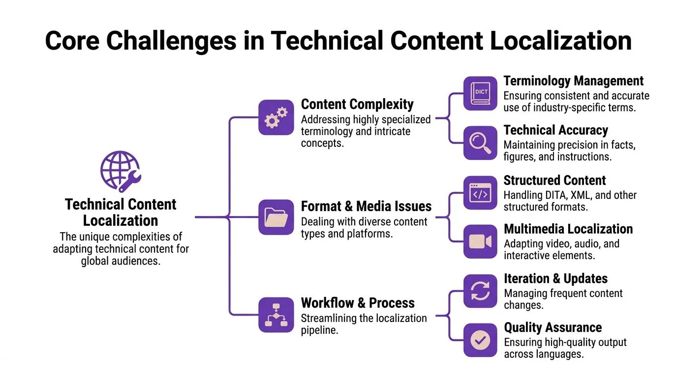A diagram outlining key challenges in technical content localization, including content complexity, formatting, and workflow management issues.
