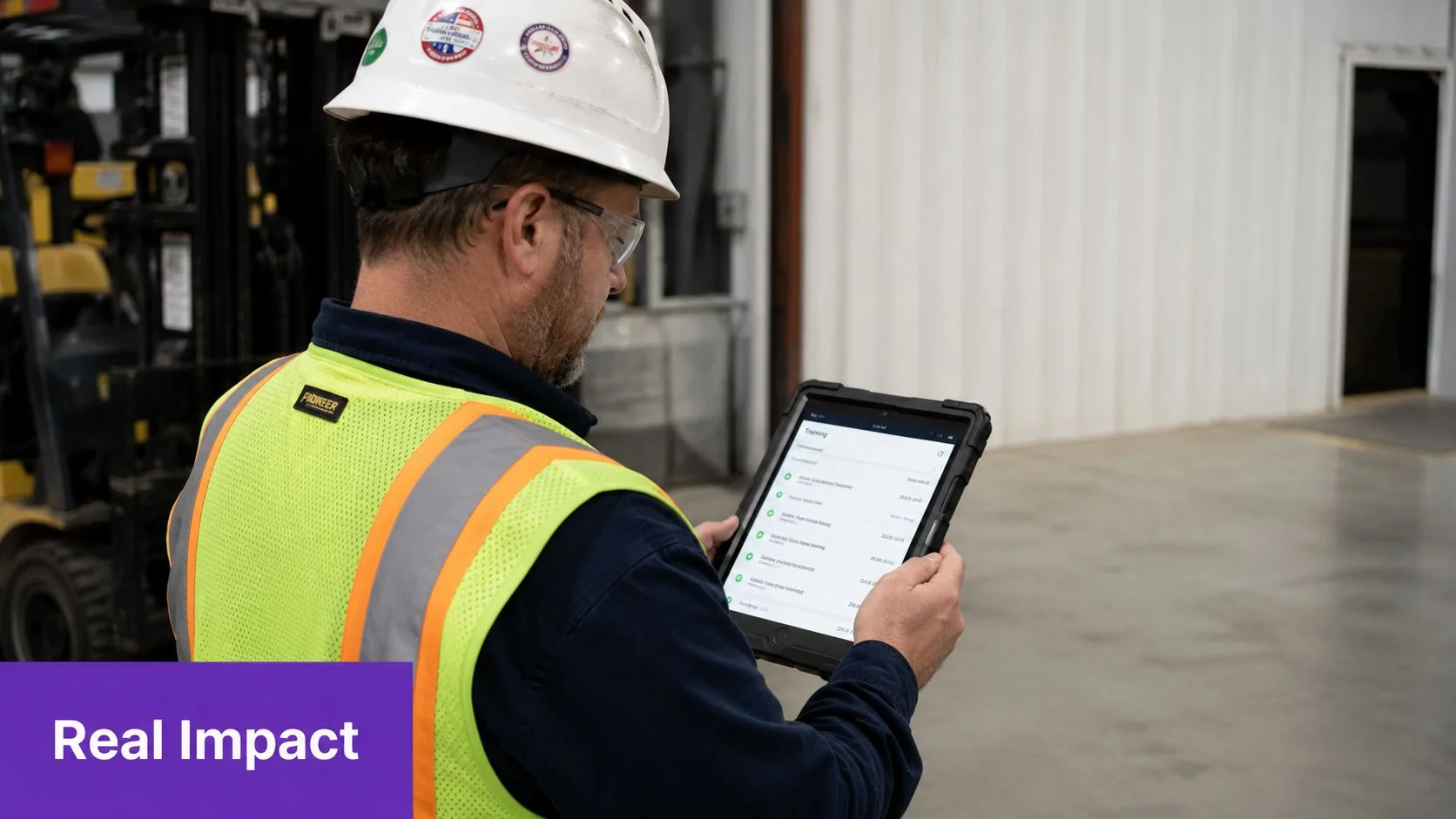 A construction worker in a safety vest and hard hat reviewing training tracking software on a tablet.