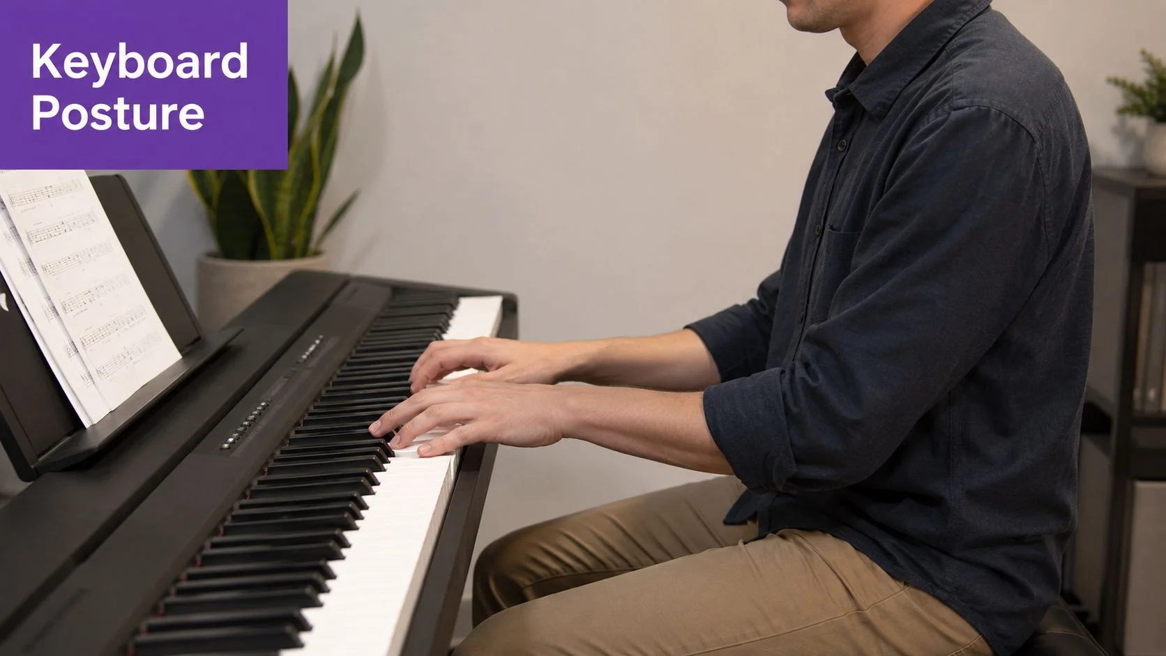 A man demonstrating proper piano playing posture while sitting at a keyboard with sheet music.