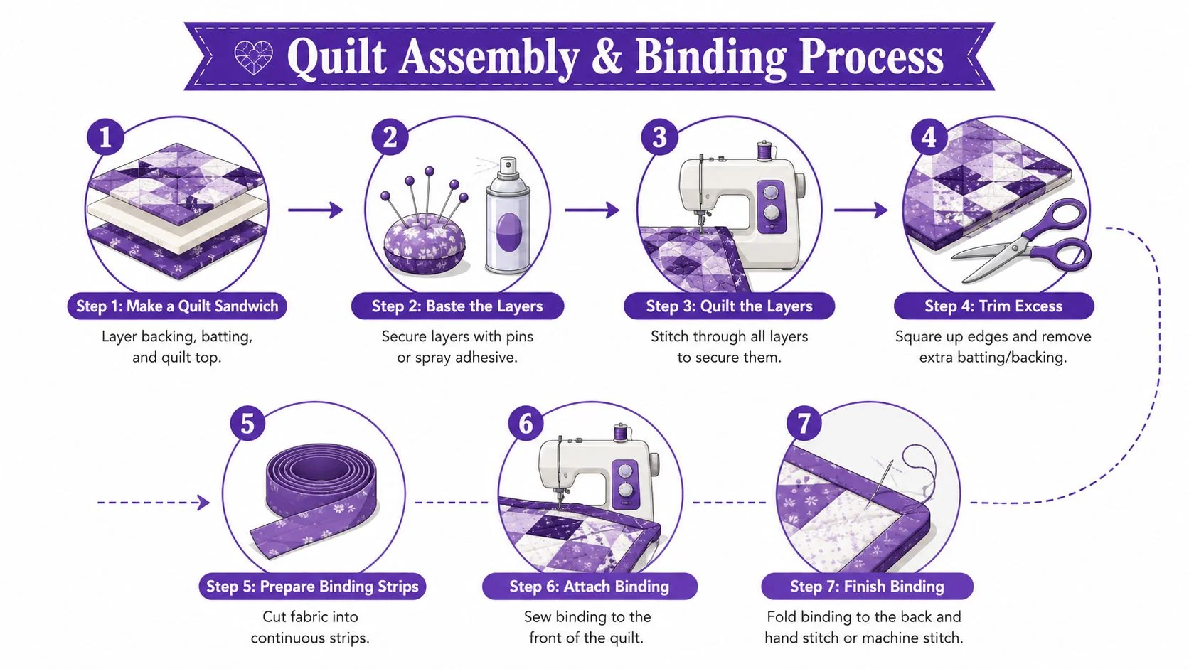 A seven-step instructional infographic showing the process of assembling and binding a purple patchwork quilt.