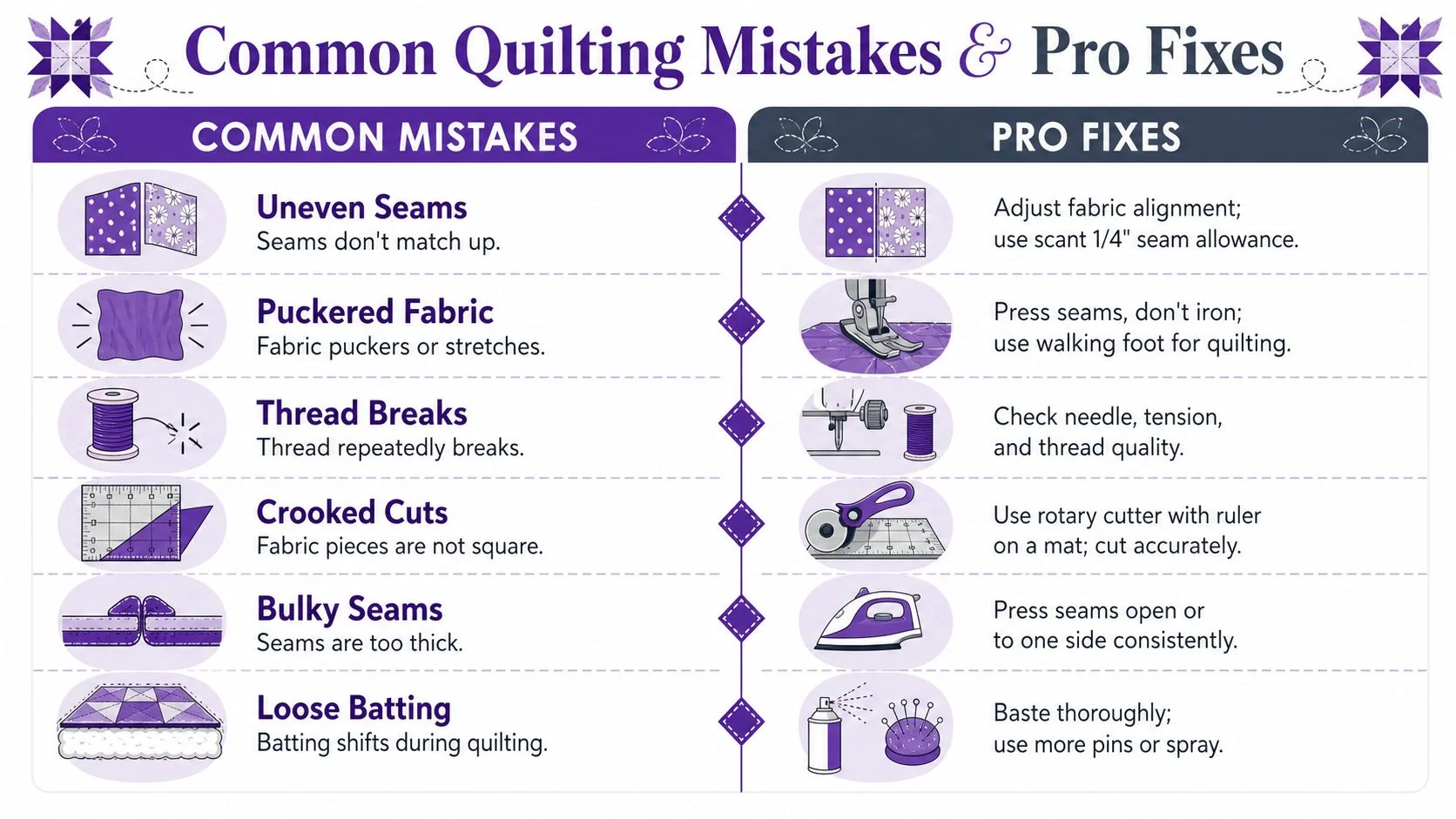 A helpful infographic comparing common quilting mistakes with their corresponding professional sewing solutions and fixes.