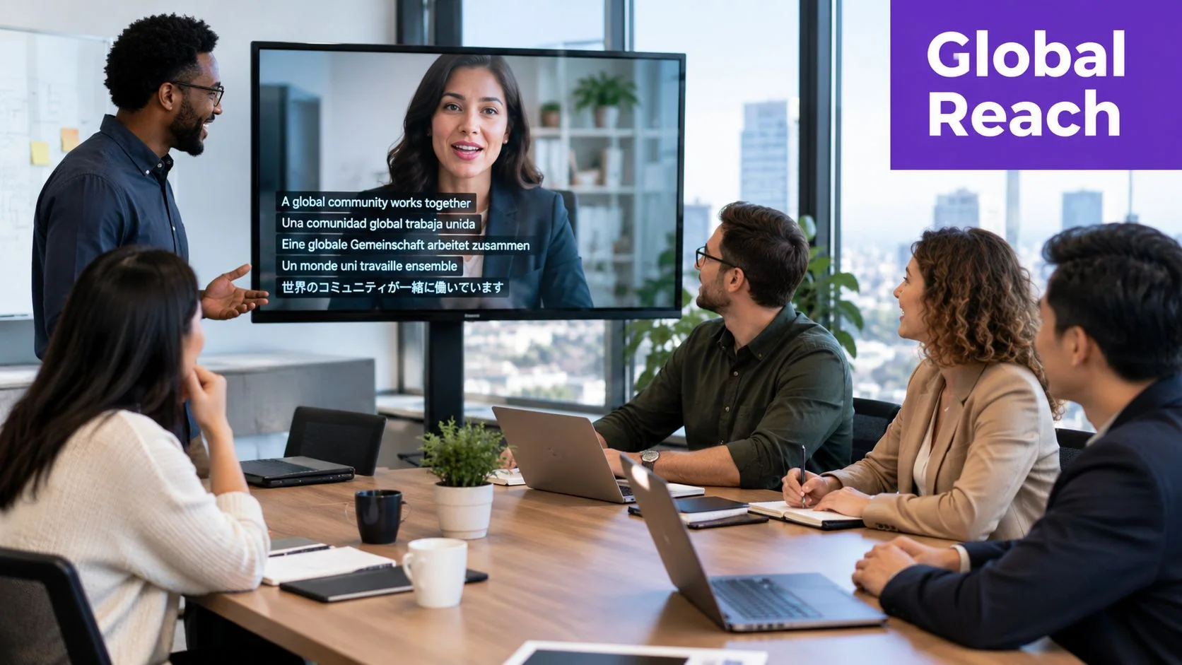 A diverse business team participating in a global video conference with multilingual subtitles displayed on screen.
