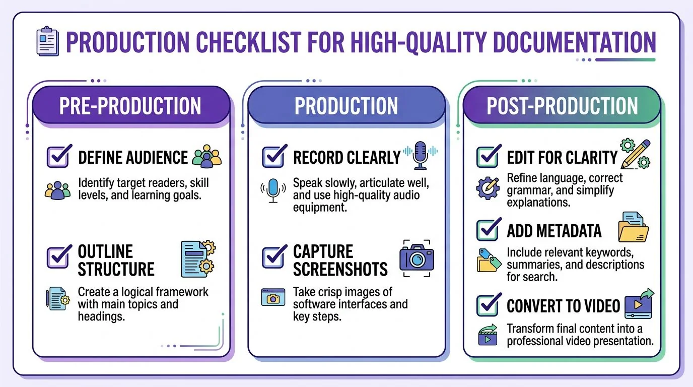 A professional infographic outlining the production checklist for creating high-quality technical documentation across three key stages.