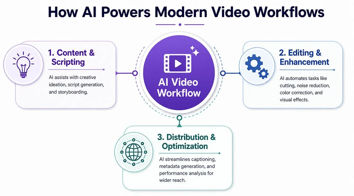 A diagram illustrating how AI technology powers modern video production workflows from scripting to distribution.