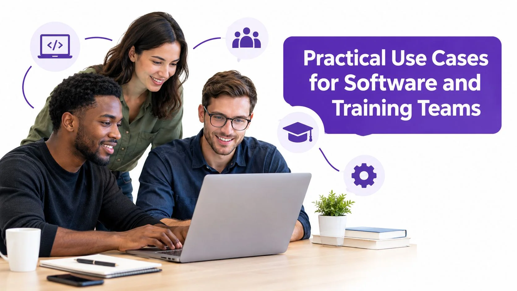 A diverse team of professionals collaborating on a laptop project related to software and training development.