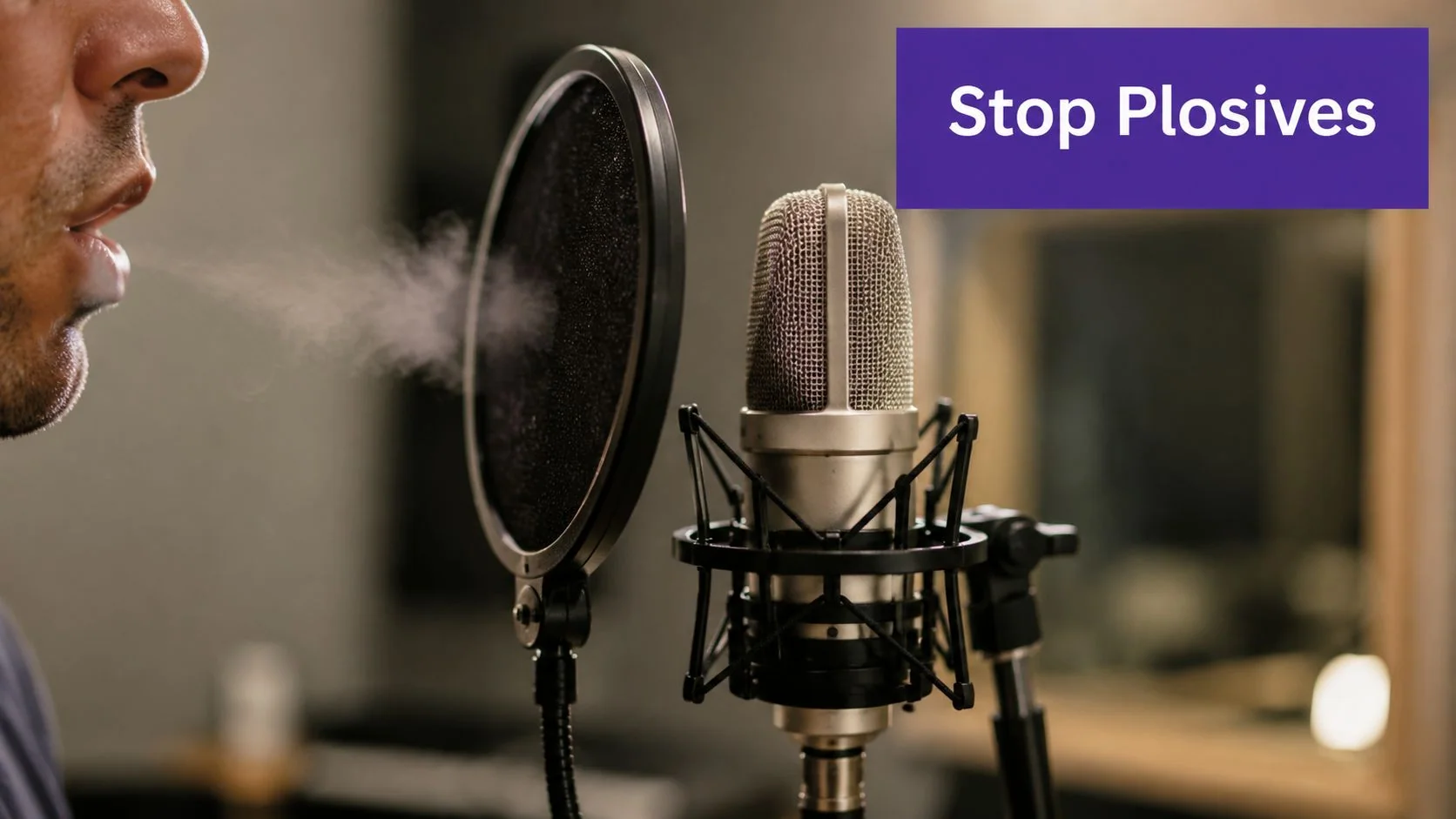 A person speaking into a professional studio microphone with a black pop filter preventing air plosives.
