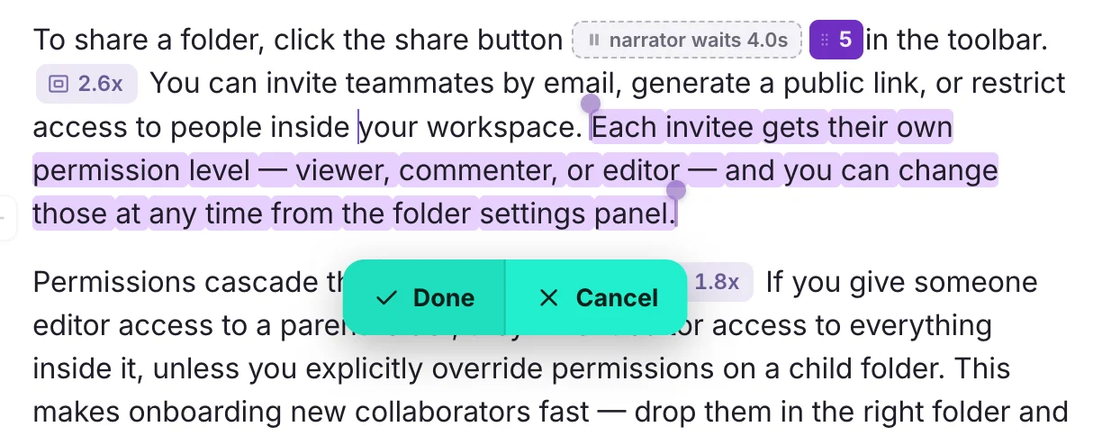 A span of narration selected in the script with a 'narrator waits 4.0s' marker inline, and Done and Cancel buttons