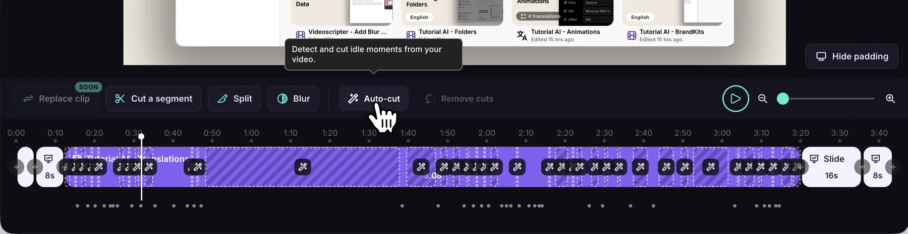 The Clips toolbar with the Blur button between Split and Auto-cut