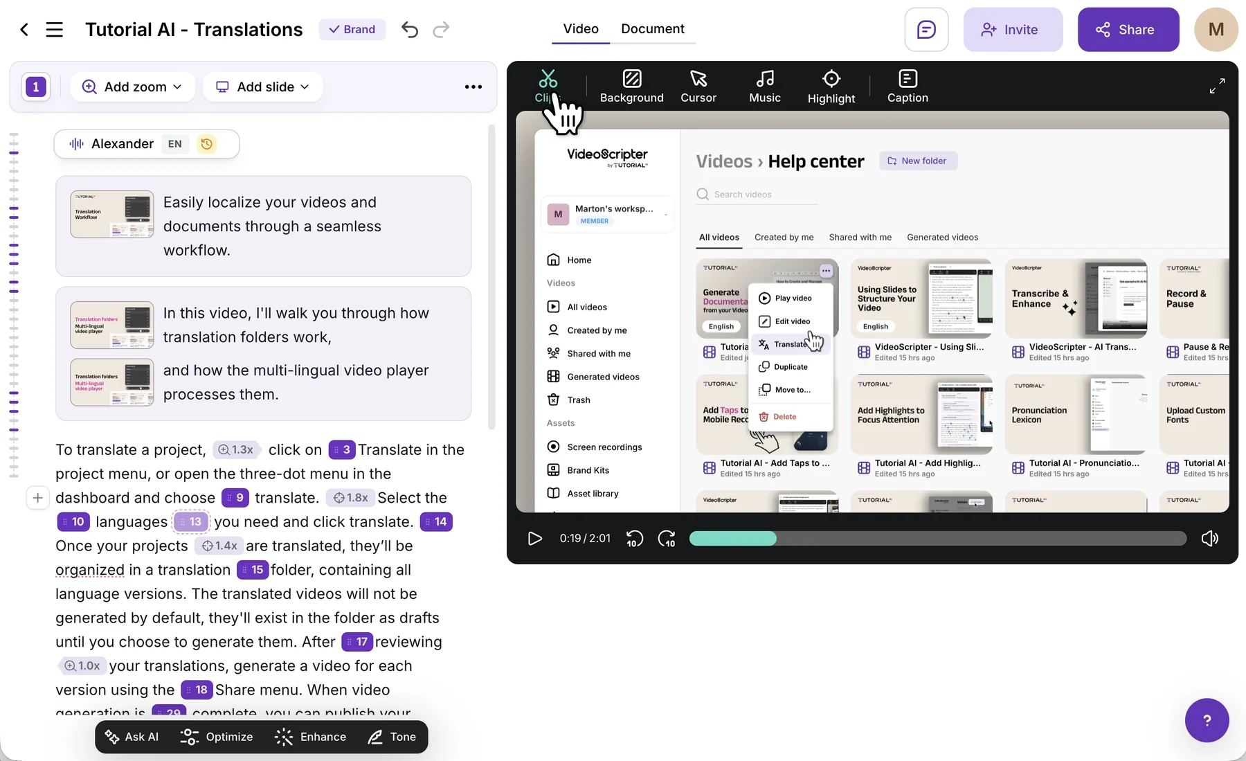 The editor with the cursor on the Clips button in the toolbar above the video preview
