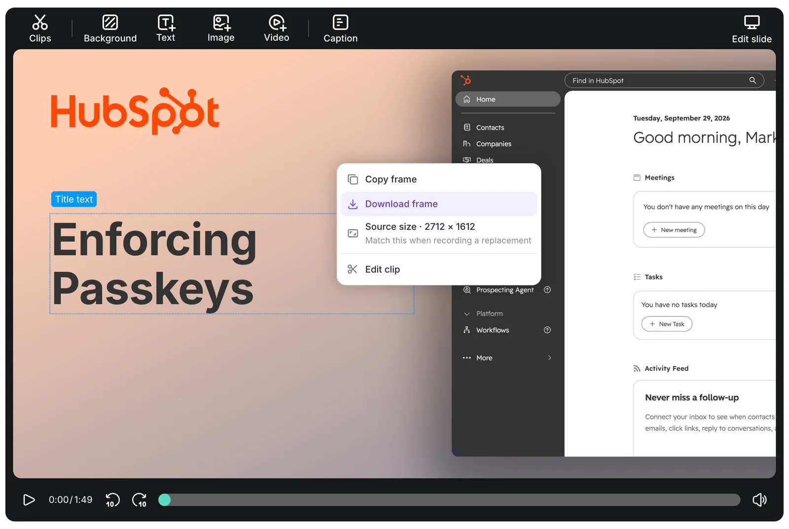 The right-click menu on the video preview of a title slide, with Copy frame, Download frame highlighted, Source size 2712 × 1612, and Edit clip