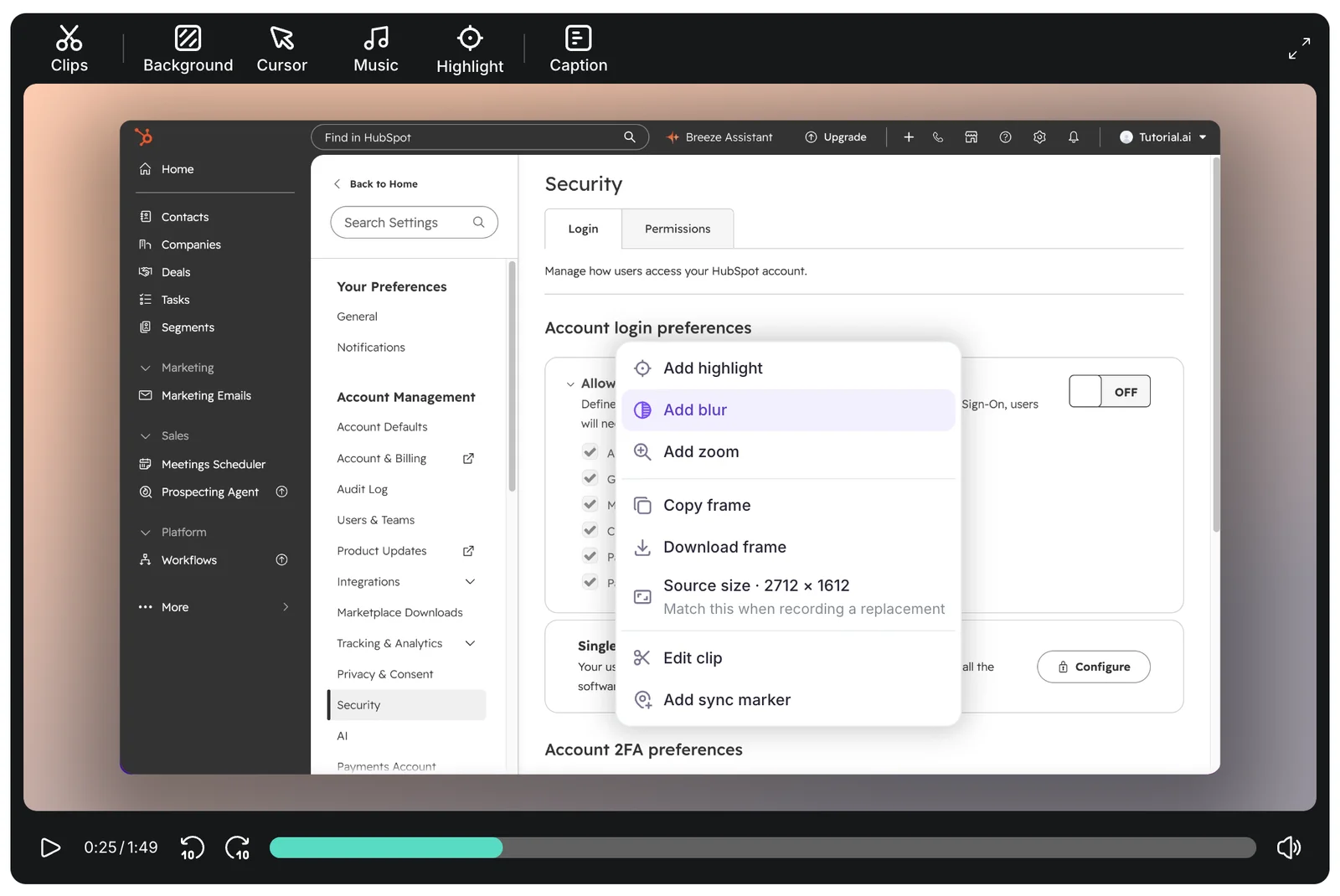 The right-click menu on the video preview with Add highlight, Add blur, Add zoom, Copy frame, Download frame, Source size 2712 × 1612, Edit clip, and Add sync marker