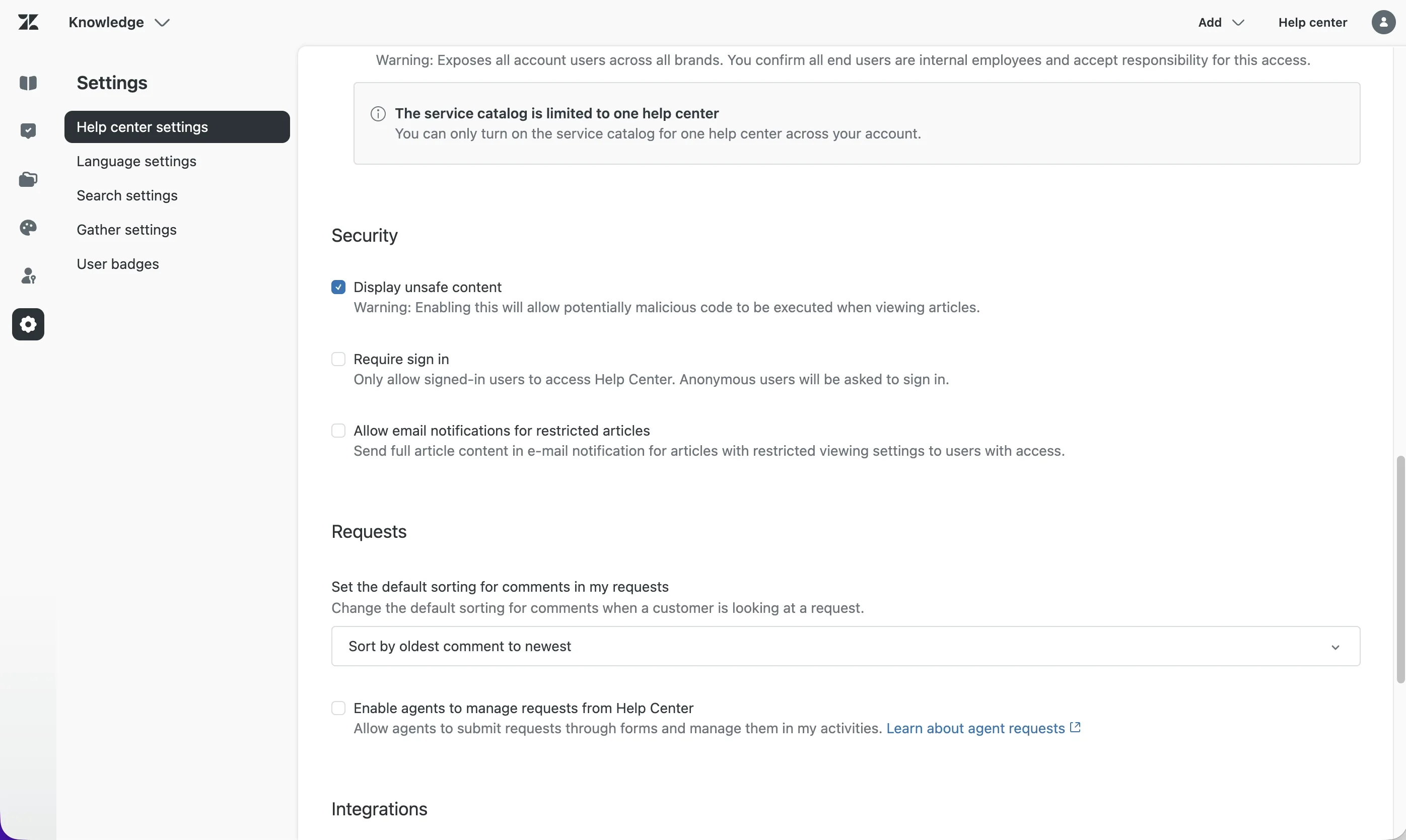 Zendesk Help Center Security settings with Display unsafe content enabled
