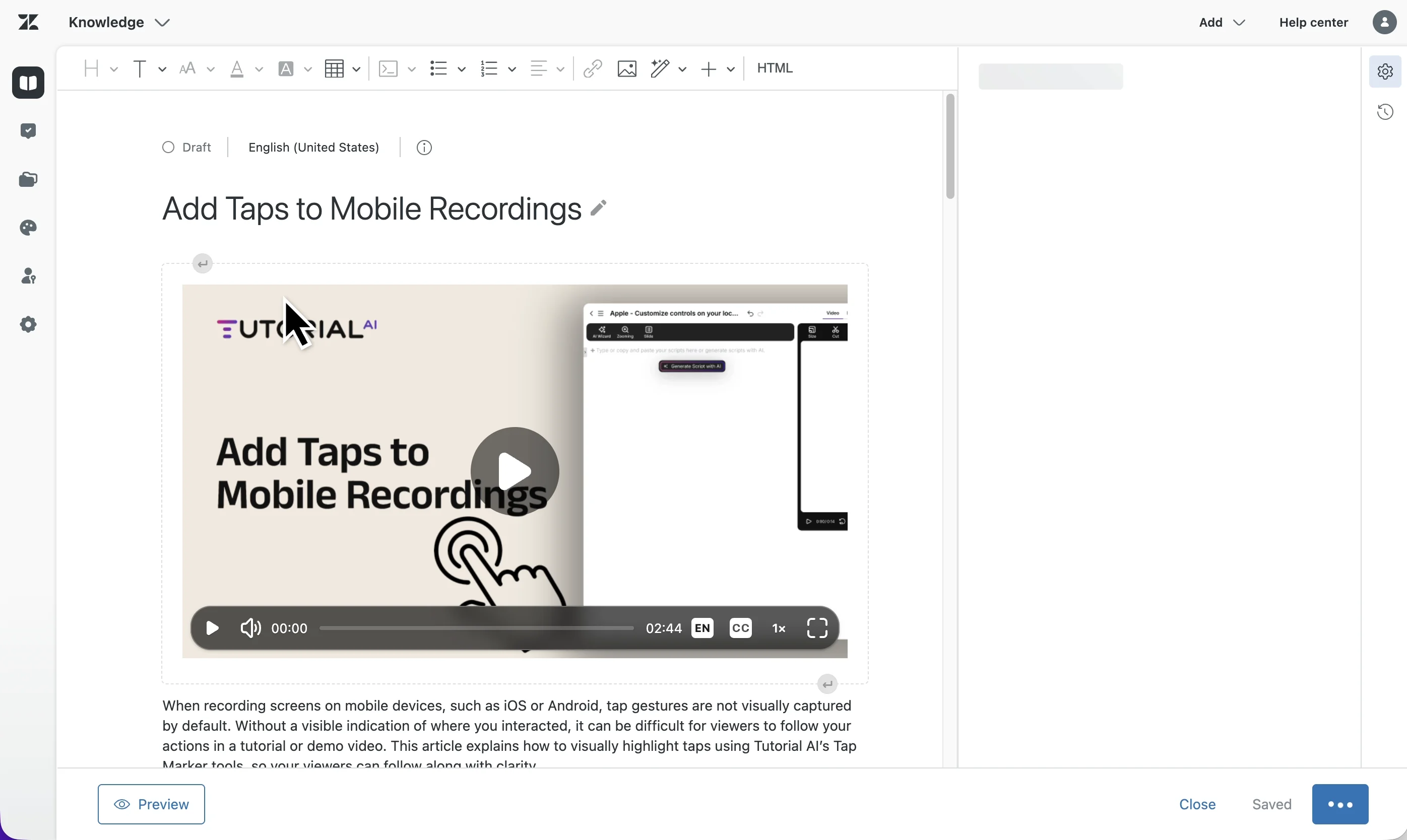Language dropdown open in the embedded Tutorial AI player inside a Zendesk article