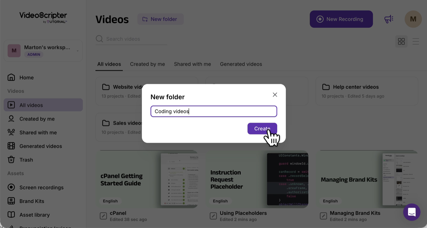 New Folder button on the Videos dashboard