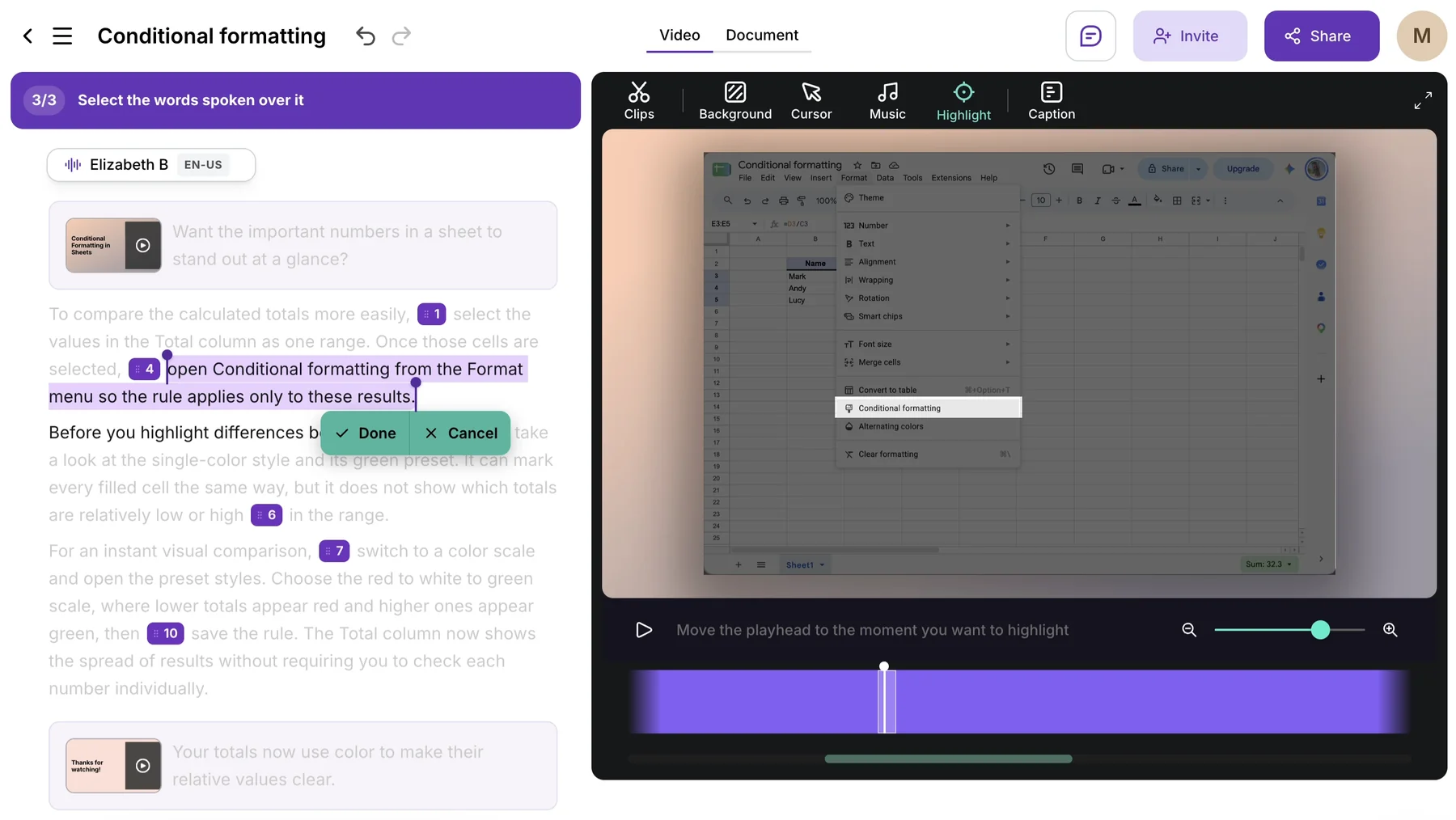 Step 3 of 3, Select the words spoken over it: a sentence selected in the script with Done and Cancel buttons