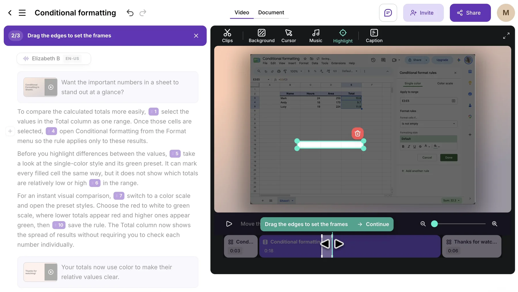 Step 2 of 3, Drag the edges to set the frames: a highlight box drawn on the preview, and the highlight's edges being dragged on the timeline, with a Continue button