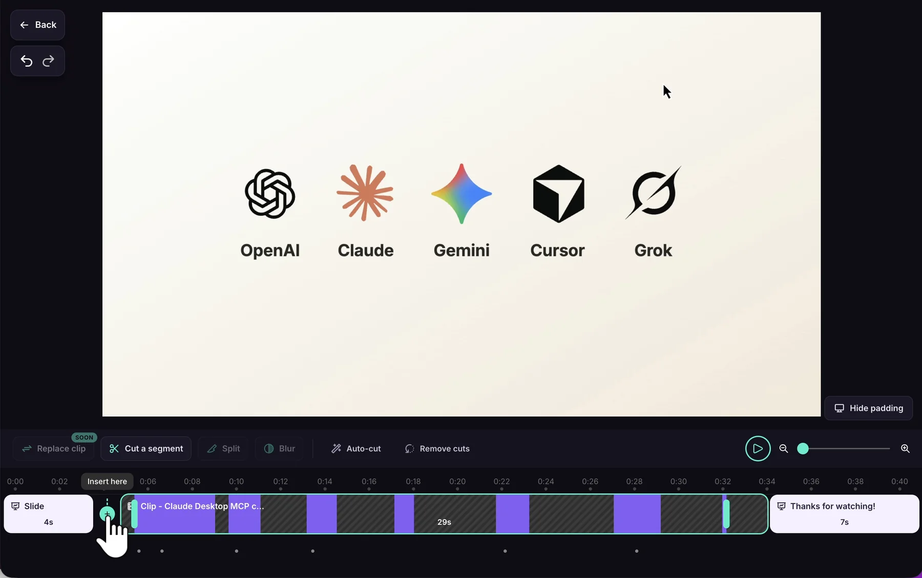 The Clips timeline with the cursor on the + between a slide and a clip, and the Insert here tooltip