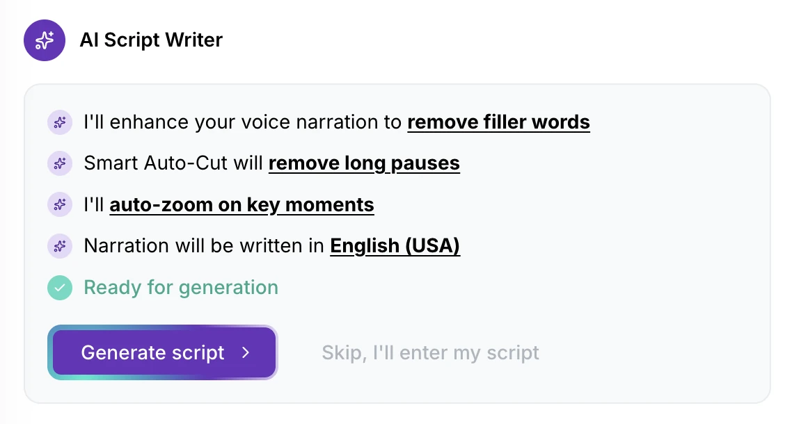 The AI Script Writer listing its plan: enhance your voice narration to remove filler words, Smart Auto-Cut to remove long pauses, auto-zoom on key moments, and write the narration in English (USA), with a Generate script button