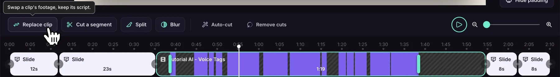 The Clips toolbar: Replace clip with its tooltip, Cut a segment, Split, Blur, Auto-cut, Remove cuts, play, and the zoom slider, above the timeline