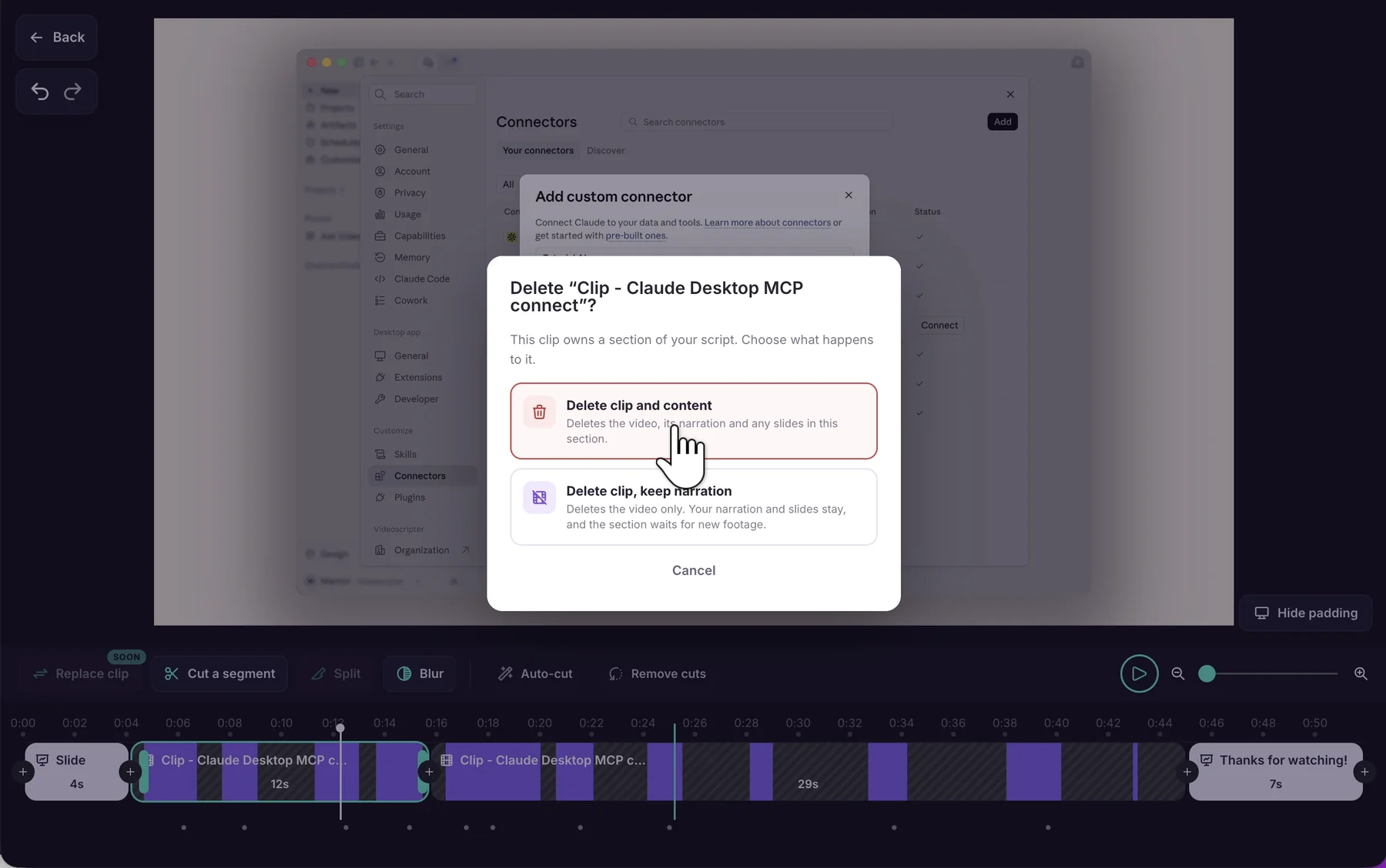 The Delete clip confirmation with Delete clip and content, Delete clip keep narration, and Cancel