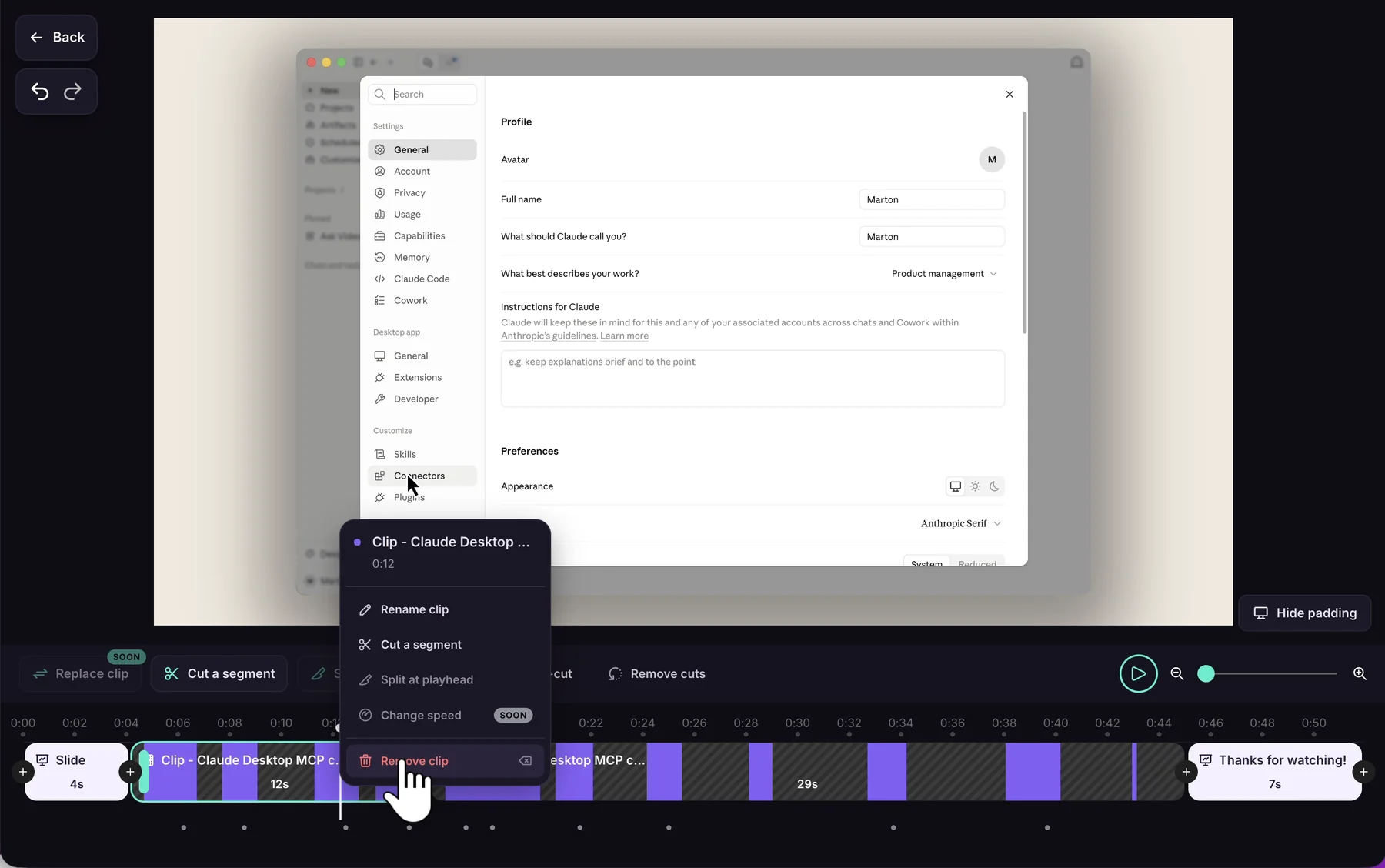 The right-click menu on a split-off clip, with Remove clip selected