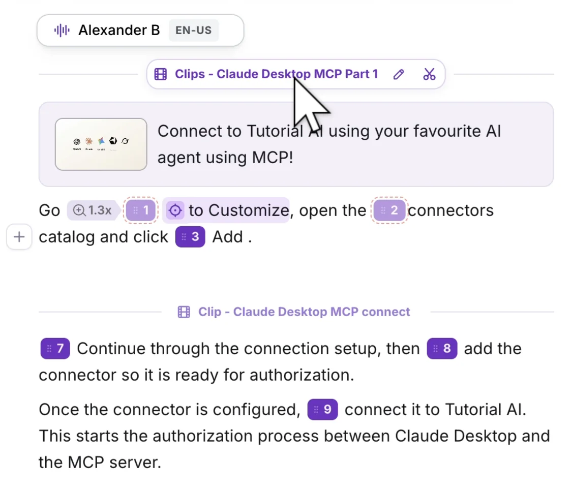 Clip headings in the script, each with a pencil icon to rename the clip and a scissors icon to open it in Clips