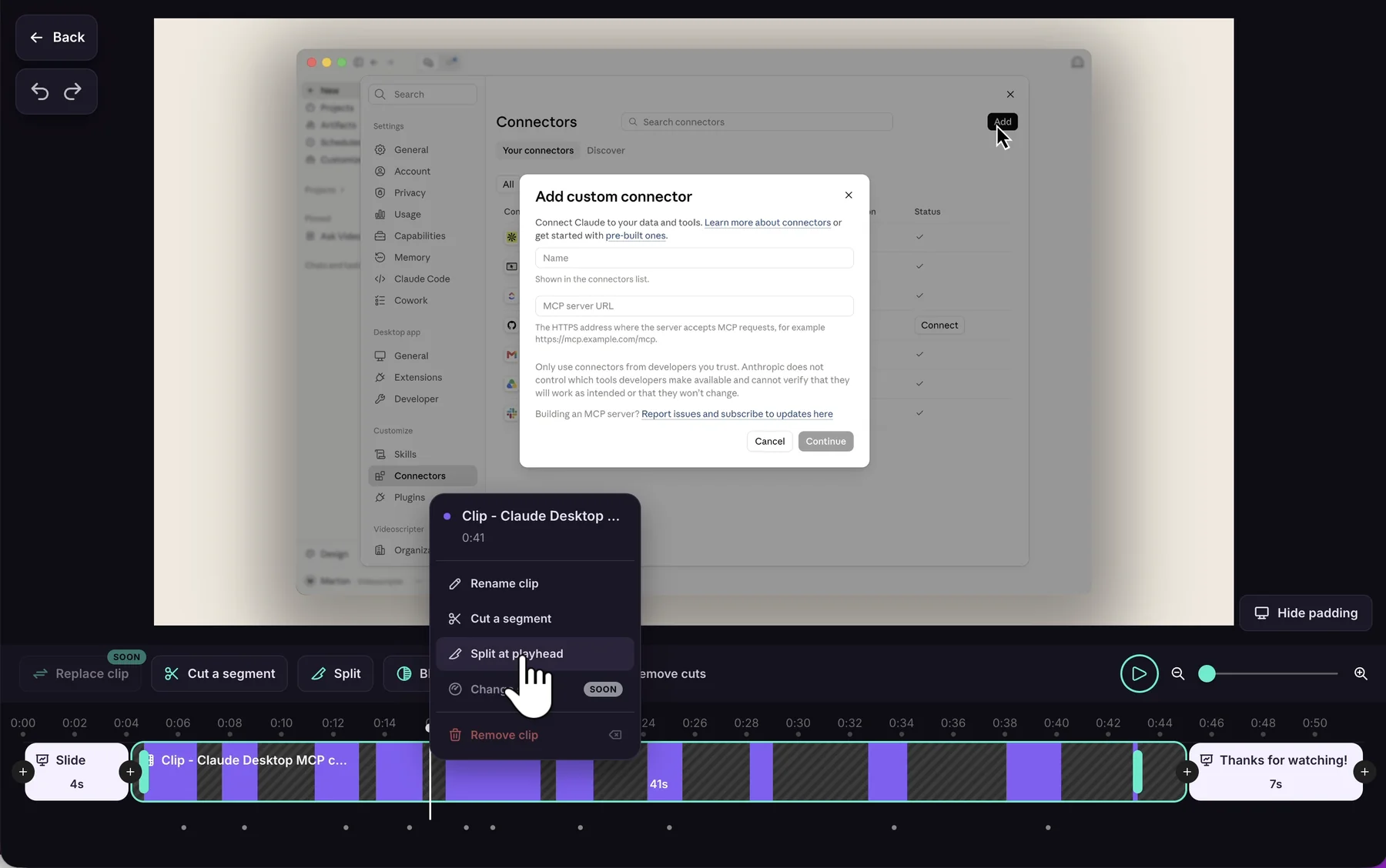 The right-click menu on a clip in Clips, with Split at playhead selected