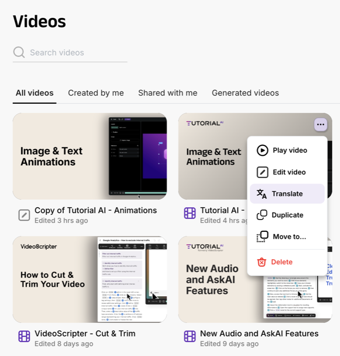Translate option in the video tile's context menu