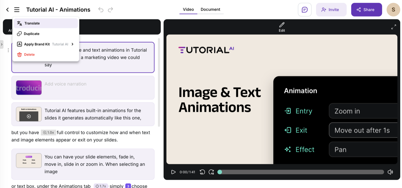 Translate option in the project editor's top-left menu