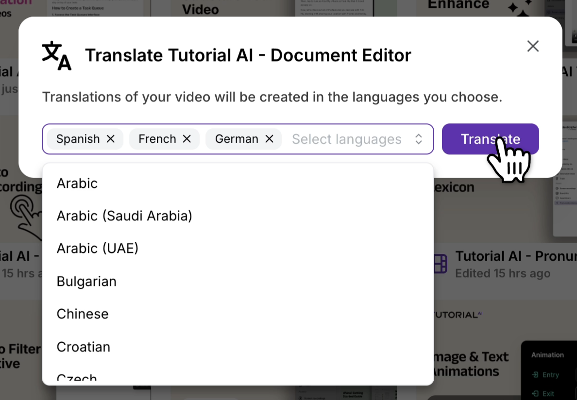 Translation modal with multiple languages selected