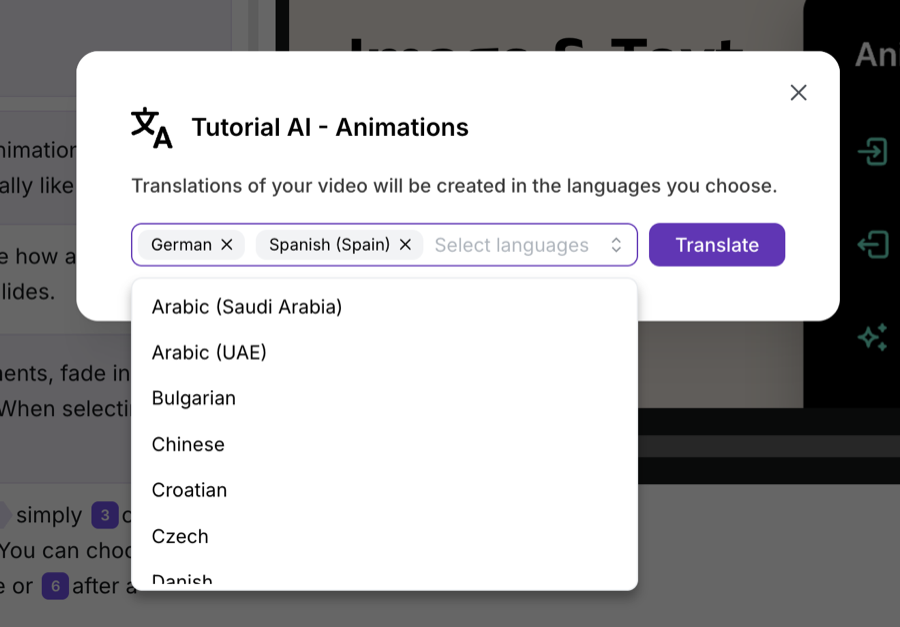 Translate modal with the language picker open